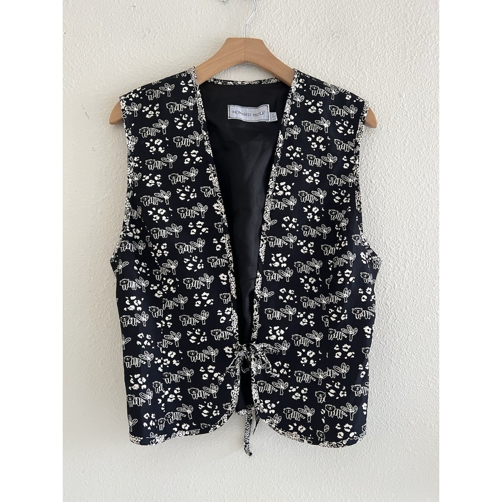 VTG Howard Wolf Tiger Cat Novelty Print Vest Black White Tie Front Small 8 Art